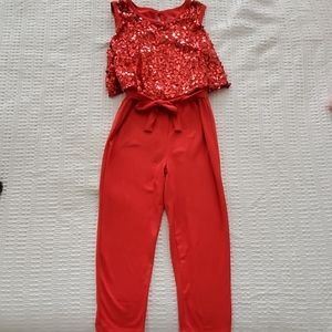 4-5(xs) girls red with sequin jumpsuit